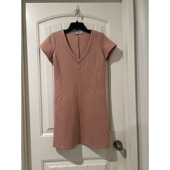 RENUAR Fitted Suede V Neck Short Sleeve Light Pink Tan Mini Dress Sz EU 36, US S - Picture 1 of 9